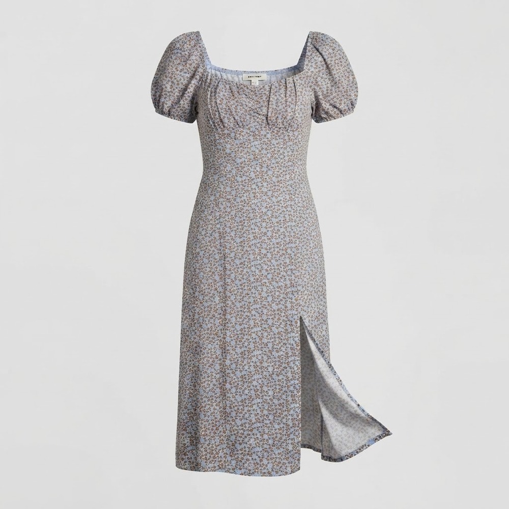 Idyllwind Beth Dress XL Blue Caramel Floral Puff Sleeve Midi Slit Smocked Boho